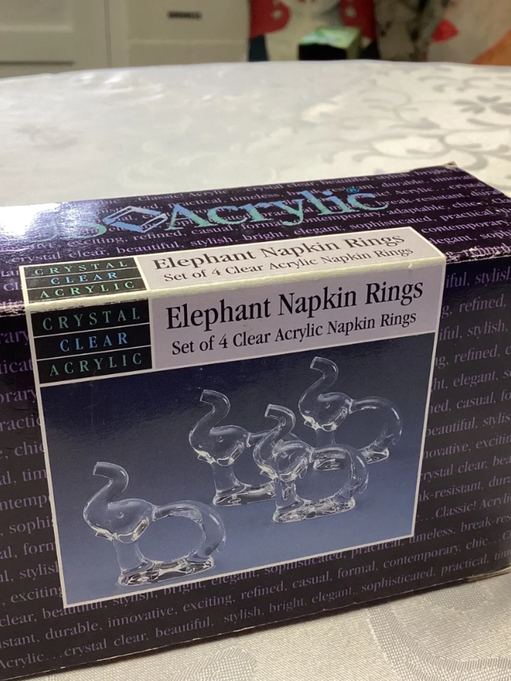 Lucite ELEPHANT TRUNK UP NAPKIN HOLDERS. BOXED CLEAR TAIWAN